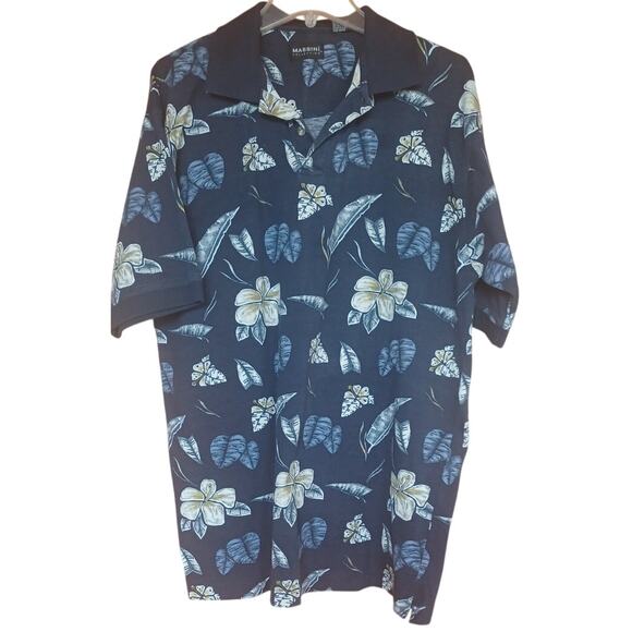 Vintage Massini Collection 100% Cotton Blue Floral Polo Men's Large Tropical - Picture 2 of 6